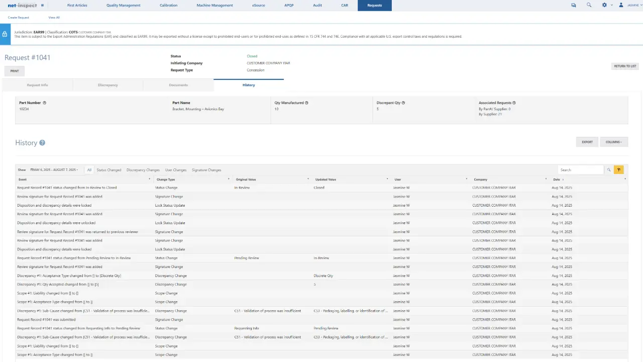 Net-Inspect Request history tab showing chronological activity log with timestamps, user actions, status changes, and complete audit trail for a deviation or concession request
